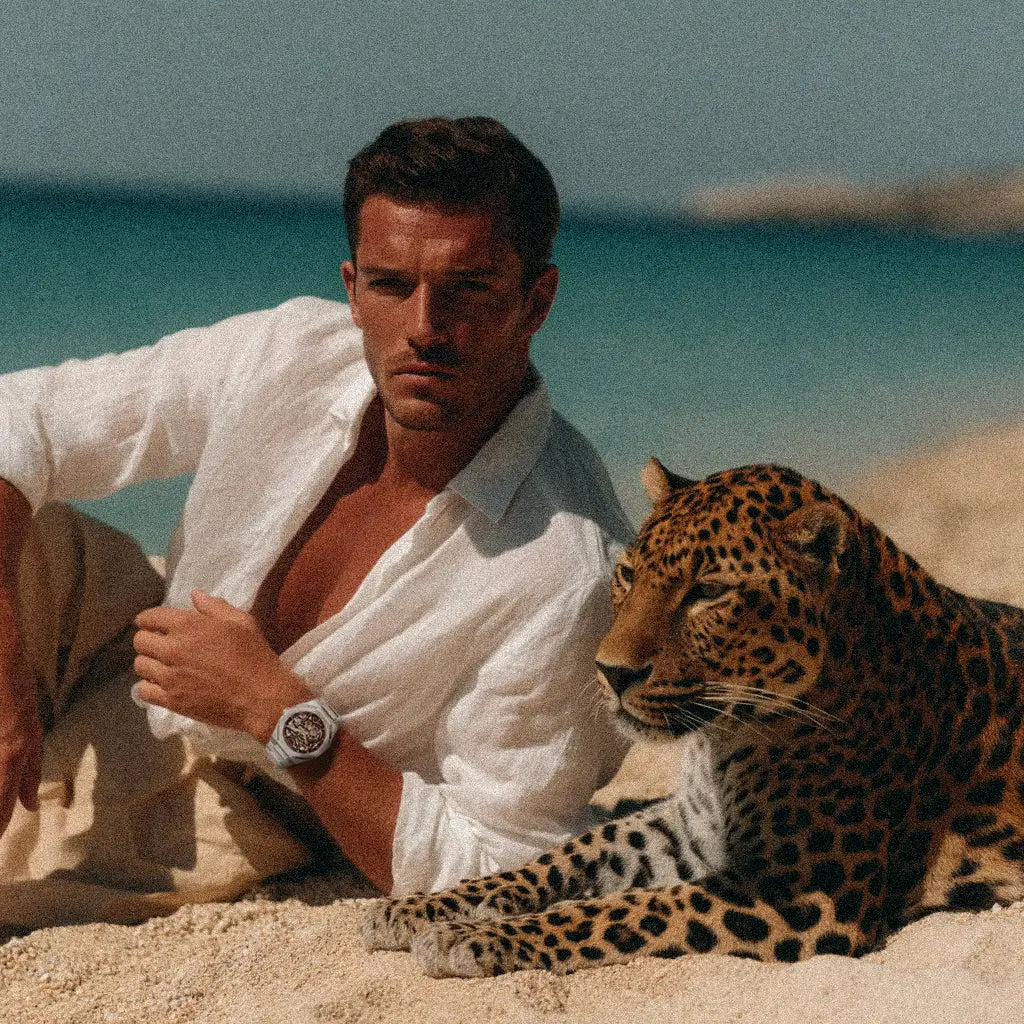 man on the beach campaign arlyos apertura skeleton watch leopard